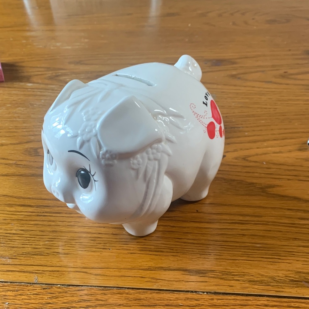 Adorable White Piggy Bank with Red Details